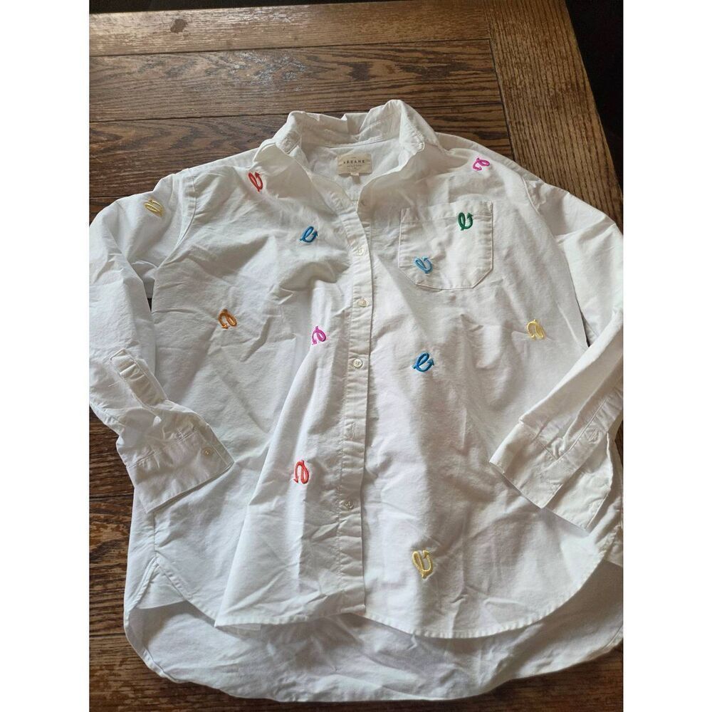 Sezane Tomboy embroidered "e" button down shirt sz 34/US 2